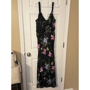 Jill Stuart Black Floral Ruched Maxi Dress Tie Shoulder Formal Dress Size 10